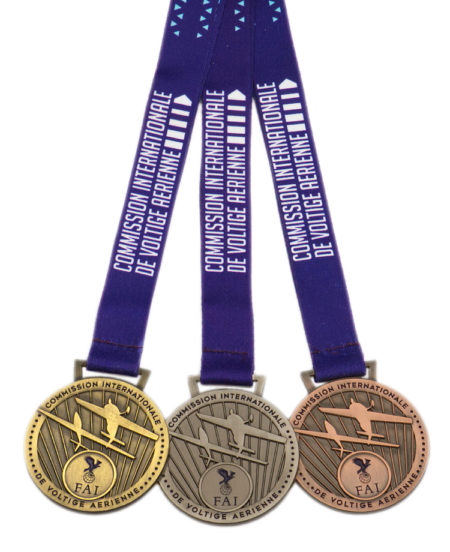A sample set of the new Gold, Silver and Bronze medals with their striking CIVA lanyards